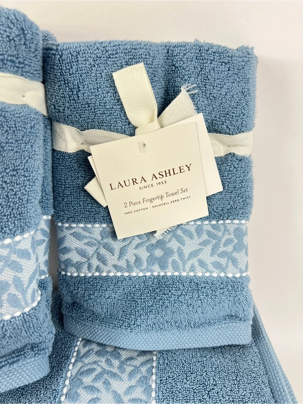 Laura Ashley Bath Towel Set MILLIE Blue with Leaf Trim 100% Cotton 6 Pc NEW